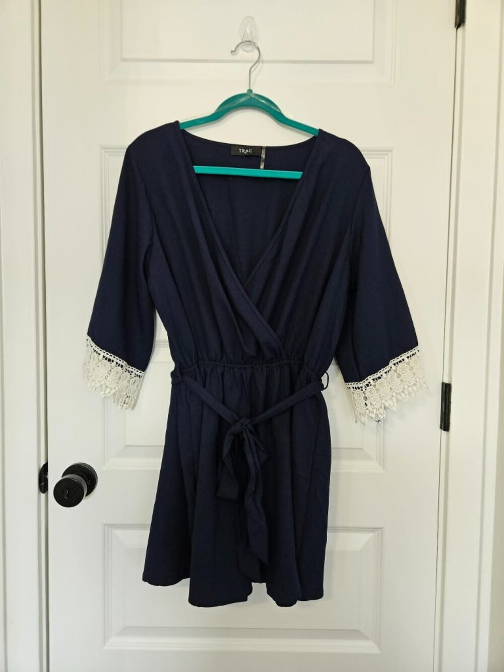 V-Line Navy Blue SHORT Romper by TRAC Belted LACE detail - GREAT CONDITION 2 XL